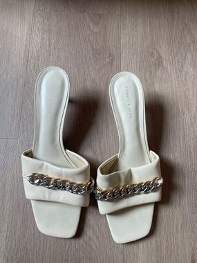 Charles & Keith Cream Slide Sandals with Mixed Metal Chain